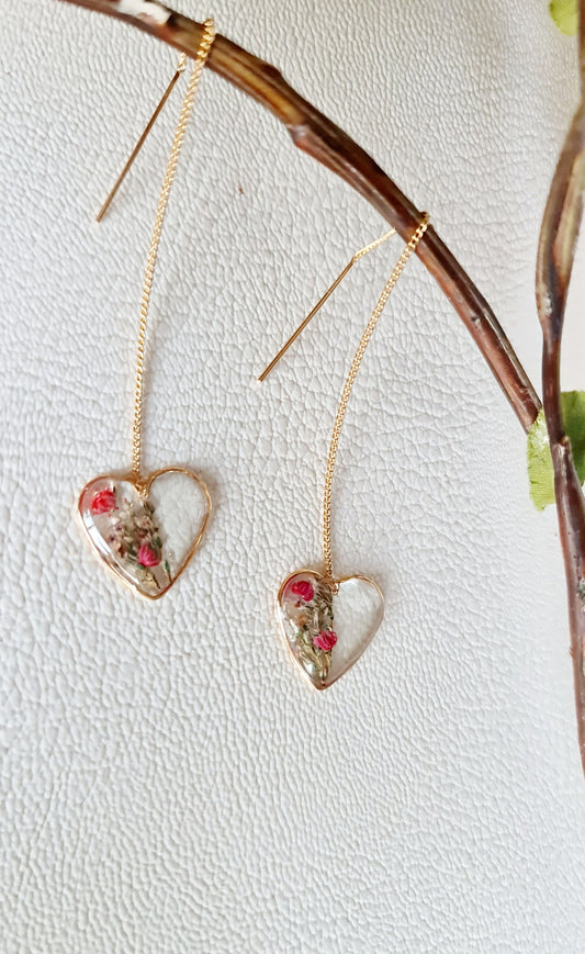 Boucles d'oreilles tombantes, pétales de fleurs séchées, plaqué Or, antiallergiques, bijou minimaliste