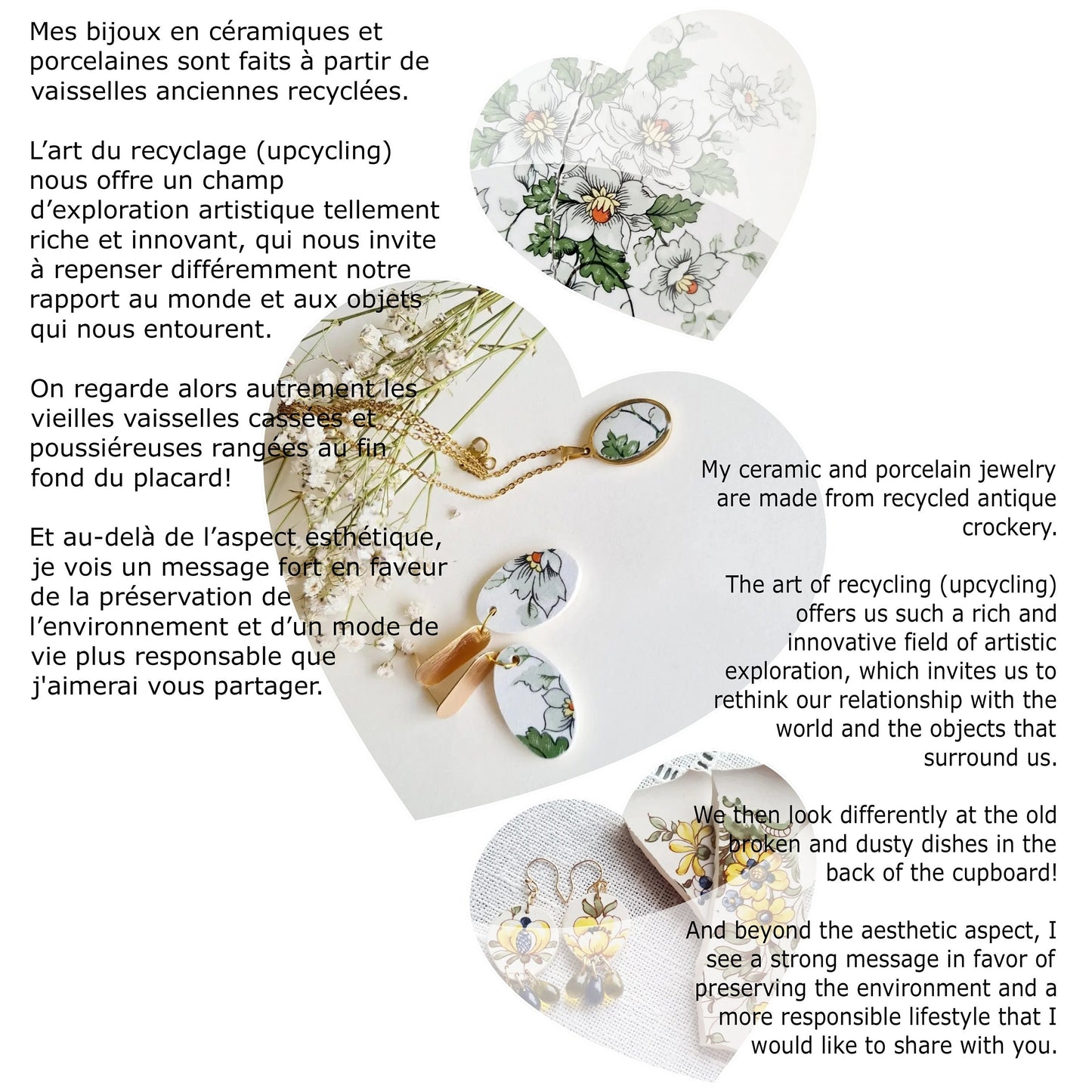 Bijoux en assiette faïence Amandinoise cassée, collier pendentif fleurs Amande, bijoux recyclés, cadeau fête des mères, cadeau anniversaire