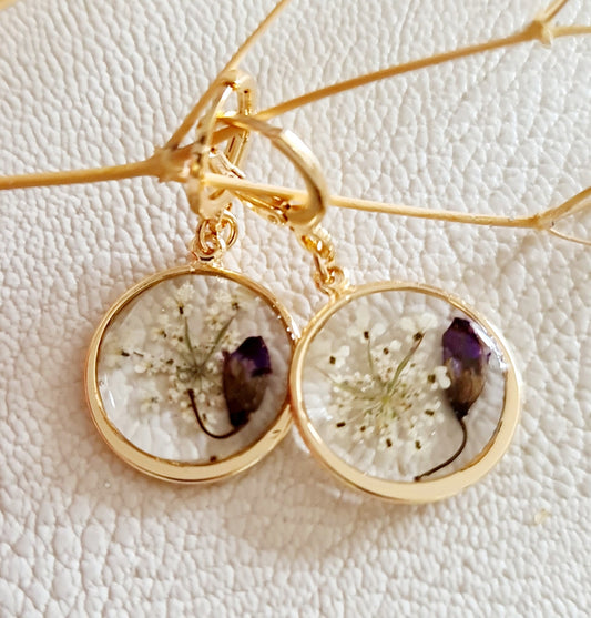 Boucles d'oreilles fleurs de cumin et boutons de glycine naturels séchés, boucles d'oreilles plaqué Or 14 carats