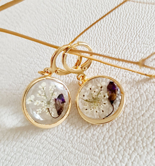 Boucles d'oreilles fleurs de cumin et boutons de glycine naturels séchés, boucles d'oreilles plaqué Or 14 carats